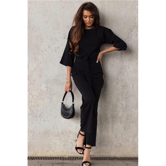 Loose Short Sleeve Belted Wide Leg Pant Romper Jumpsuits For Women, Black - Picture 5 of 7